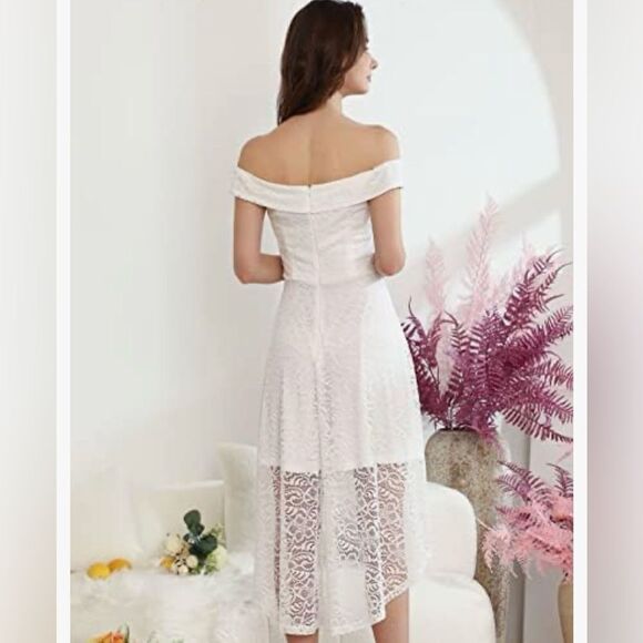 HomRain Floral Eyelet Lace Dress Off The Shoulder High Low Hem Dress L - Picture 3 of 13
